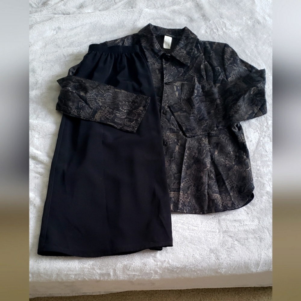 Vintage paisley blazer and black skirt